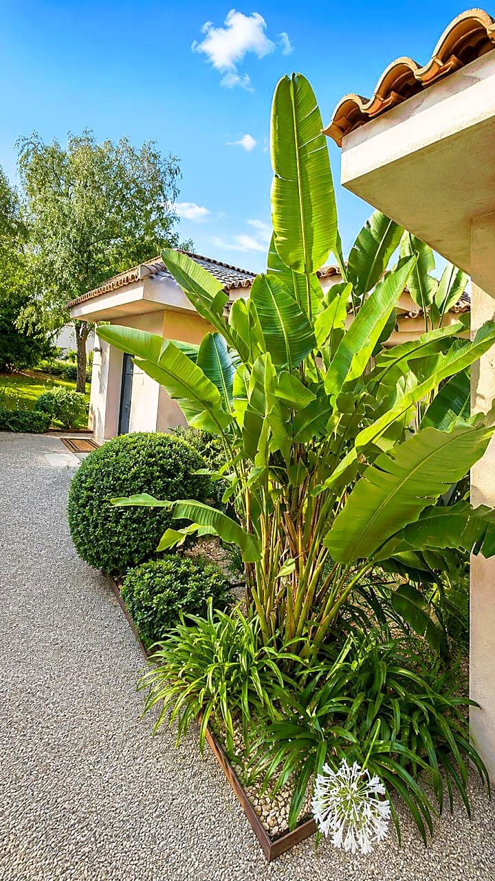 Massifs de bananiers et boules de buis le long d'une allée de gravier, contre une villa